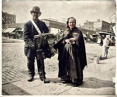 Colorful Button - 1897, Organ grinder and his wife by Stephen Thompson  colorized by Ahmet Asar by Celestial Images