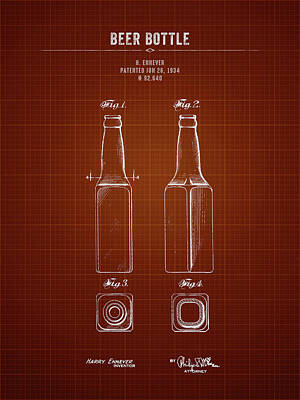 Food And Beverage Digital Art - 1934 Beer Bottle - Dark Red Blueprint by Aged Pixel