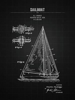 Transportation Digital Art - 1938 Sailboat - Black Blueprint by Aged Pixel