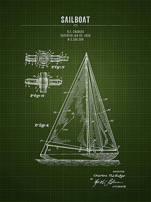 Valentines Day - 1938 Sailboat - Dark Green Blueprint by Aged Pixel