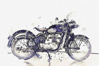 Transportation Paintings - 1956 BMW Motorcycles 250 4 watercolor by Ahmet Asar by Celestial Images