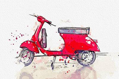 Transportation Paintings - 1964 Piaggio Vespa watercolor by Ahmet Asar by Celestial Images