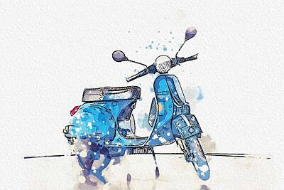 Transportation Paintings - 1982 Piaggio Vespa 2 watercolor by Ahmet Asar by Celestial Images