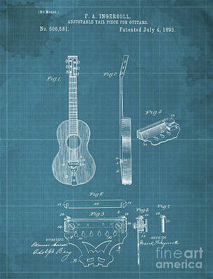 Musicians Drawings - ADJUSTABLE TAIL PIECE FOR GUITARS Patent Year 1893 by Drawspots Illustrations