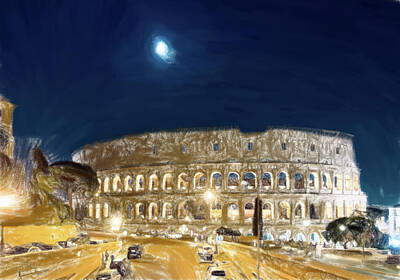 Gary Grayson Pop Art Royalty Free Images - Moon over Colosseum in Rome Royalty-Free Image by Alexey Stiop