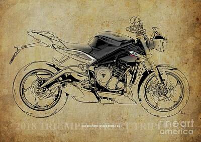 Transportation Digital Art - 2018 Triumph Street Triple RS Blueprint, Vintage Background by Drawspots Illustrations