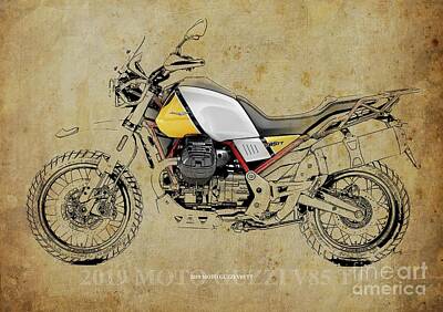 Portraits Digital Art - 2019 Moto Guzzi V85 TT Blueprint, Vintage Background Birthday gift for bikers by Drawspots Illustrations