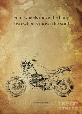 Cities Drawings - 2019 Moto Guzzi V85 TT, Original Artwork. Motorcycle quote by Drawspots Illustrations