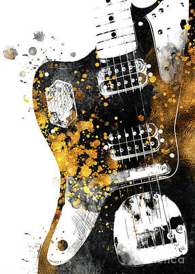 Jazz Digital Art - Guitar music art gold and black by Justyna Jaszke JBJart