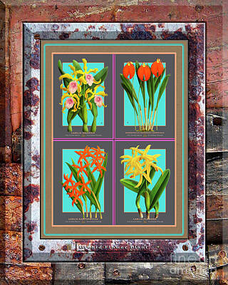 Red Foxes - Antique Orchids Quatro on Rusted Metal and Weathered Wood Plank by Baptiste Posters