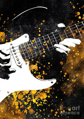 Jazz Digital Art - Guitar music art gold and black by Justyna Jaszke JBJart