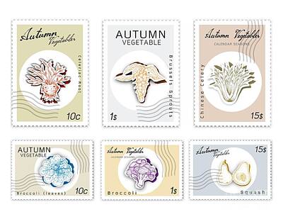 Food And Beverage Royalty-Free and Rights-Managed Images - Post Stamps Set of Autumn Vegetables with Paper Cut Art by Iam Nee