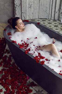 Water Lilies - Sexy Beautiful Woman Lies In Stone Bath With Foam by Elena Saulich