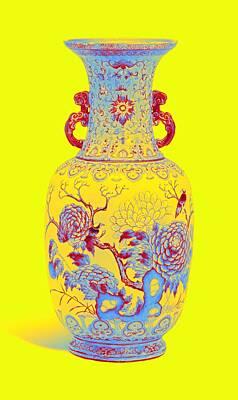 Roses Paintings - A FAMILLE ROSE TWO-HANDLED BIRDS AND FLOWERS VASE Neon art by Ahmet Asar by Celestial Images