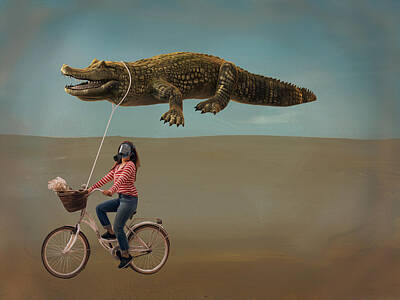 Reptiles Digital Art - A girl with flying crocodile by Keshava Shukla