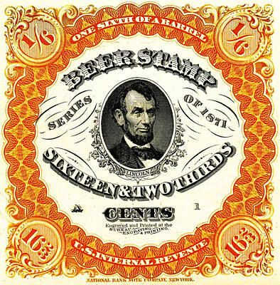 Best Sellers - Beer Paintings - Abraham Lincoln 1871 Beer Stamp U S Department of Revenue Barroom Man Cave Decor by Peter Ogden
