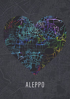 City Scenes Mixed Media Rights Managed Images - Aleppo Syria City Heart Street Map Love Dark Mode Royalty-Free Image by Design Turnpike