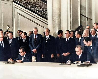 Landmarks Royalty-Free and Rights-Managed Images - American President Richard Nixon during the bilateral summit in Moscow on May 24, 1972 colorized by  by Celestial Images