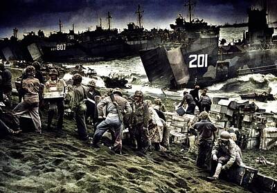 Landmarks Royalty-Free and Rights-Managed Images - American Supply Ships unloading at Iwo Jima, World War II colorized by Ahmet Asar colorized by Ahmet by Celestial Images
