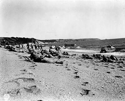 Landmarks Royalty-Free and Rights-Managed Images - American troops landing on beach in England during rehearsal for invasion of Nazi occupied France    by Celestial Images