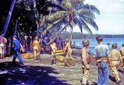 Landmarks Painting Royalty Free Images - American troops unloading supplies on the shores of Guadalcanal Island in 1943 Royalty-Free Image by Celestial Images