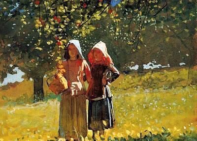 Food And Beverage Paintings - Apple Picking  Two Girls in Sunbonnets or in the Orchard  Winslow Homer by Celestial Images