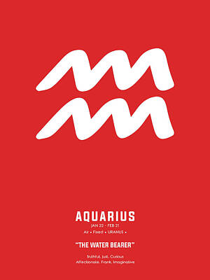 Royalty-Free and Rights-Managed Images - Aquarius Print - Zodiac Signs Print - Zodiac Posters - Aquarius Poster - Red and White by Studio Grafiikka