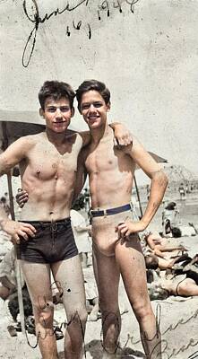 City Scenes Paintings - Army buddies, Orchard Beach, The Bronx, New York City, June 1946 colorized by Ahmet Asar by Celestial Images