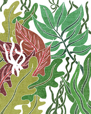 Beach Mixed Media - Assortment of Leaves 1 - Exotic Boho Leaf Pattern - Colorful, Modern, Tropical Art - Green, Red by Studio Grafiikka