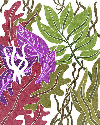 Food And Beverage Mixed Media - Assortment of Leaves 3 - Exotic Boho Leaf Pattern - Colorful, Modern, Tropical Art - Olive, Violet by Studio Grafiikka