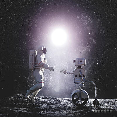 Science Fiction Photos - Astronaut and robot or artificial intelligence handshake on alien planet. by Michal Bednarek