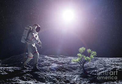 Science Fiction Photos - Astronaut exploring an alien planet. Green plant growing. by Michal Bednarek
