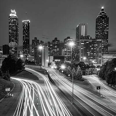 School Tote Bags Royalty Free Images - Atlanta Skyline Monochrome Cityscape 1x1 Royalty-Free Image by Gregory Ballos