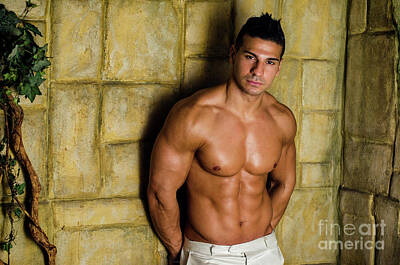 Athletes Photos - Attractive muscleman against rough wall by Stefano C