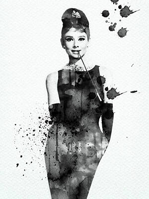 Actors Royalty-Free and Rights-Managed Images - Audrey Hepburn black and white watercolor portrait by Mihaela Pater
