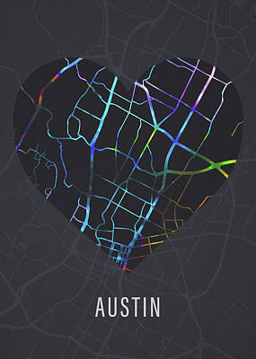 Cities Mixed Media - Austin Texas City Heart Street Map Love Dark Mode by Design Turnpike