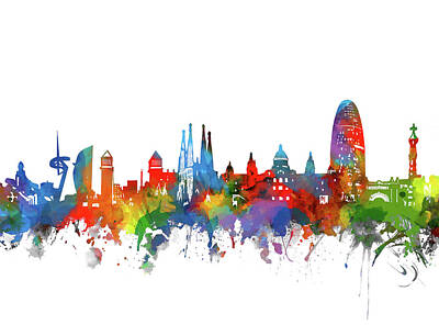 Abstract Skyline Royalty Free Images - Barcelona City Skyline Watercolor Royalty-Free Image by Bekim M