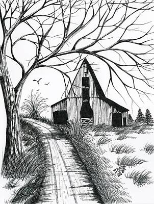 Birds Drawings Rights Managed Images - Barn With Path Royalty-Free Image by Taphath Foose