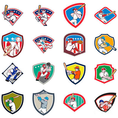 Baseball Digital Art - Baseball Player Shield Icon Set by Aloysius Patrimonio