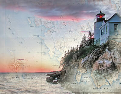 Vintage Tees - Bass Harbor lighthouse on a chart by Jeff Folger