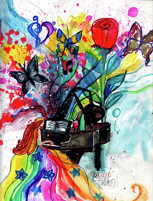 Musicians Paintings - Beautiful Piano Player Color Splash With Butterflies by Genevieve Esson