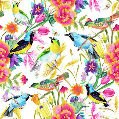 Floral Digital Art - Birds Colourful Floral Motif by Sharon Mau