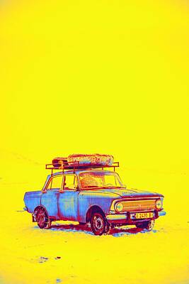 Comic Character Paintings - Blue Car on snow gradient neon coloring by Ahmet Asar, Asar Studios by Celestial Images