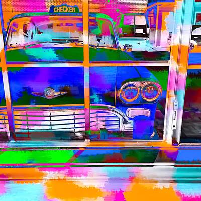 Eric Fan Whimsical Illustrations - Blue Classic Taxi Car With Painting Abstract In Green Pink Orange  Blue by Tim LA