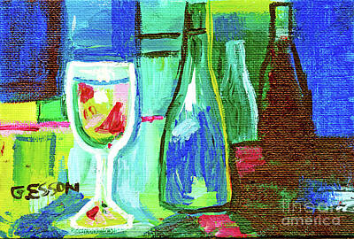 Wine Paintings - Blue Green Wine Abstract by Genevieve Esson