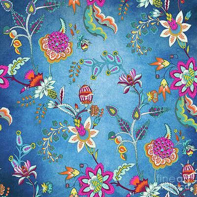 Florals Digital Art - Blue Lapis Velvet Texture Chintz Floral Pattern by Sharon Mau