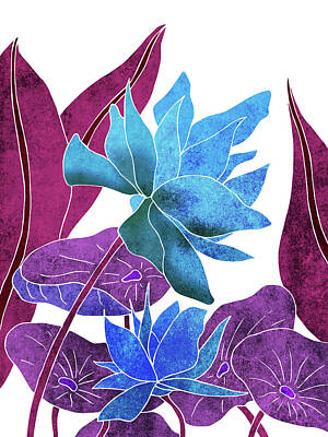 Florals Royalty-Free and Rights-Managed Images - Blue Lotus flower - Botanical, Floral, Tropical Art - Modern, Minimal Decor - Blue, Purple, Indigo by Studio Grafiikka