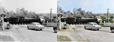 Transportation Royalty Free Images - Boom gates and train crossing at Newmarket - Brisbane, October 1960 colorized-image-comparison color Royalty-Free Image by Celestial Images