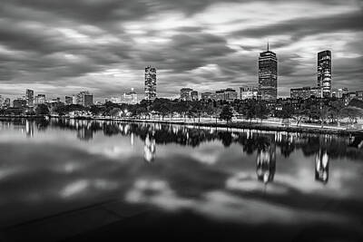Laundry Room Signs - Boston City Skyline Reflections in Black and White by Gregory Ballos