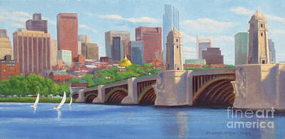 Skylines Paintings - Boston Esplanade at Longfellow Bridge by Rosemarie Morelli